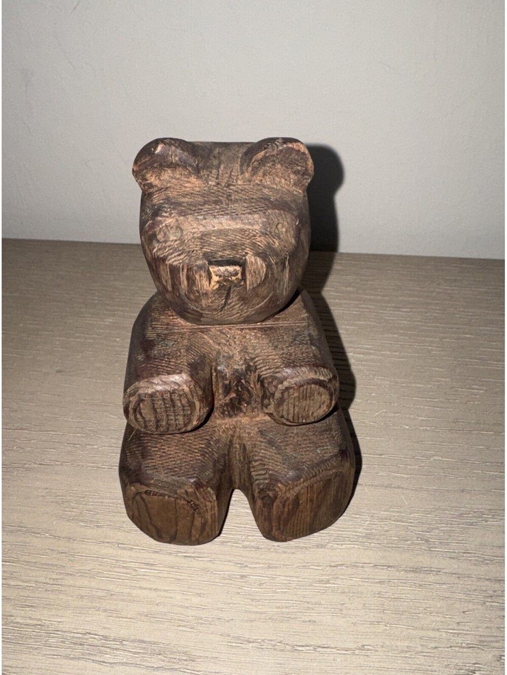 Vintage Hand Carved Sitting Wooden Bear Figurine Shelf Sitter Gummi Bear Style